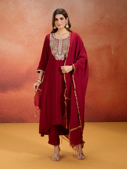 Likha - Viscose Silk Dori Embroidered High Low Hem Kurta Set with Chanderi Dupatta (Set of 3)