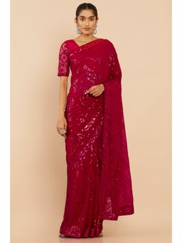 Soch - Women Red Georgette Embellished & Sequined Saree with Unstitched Blouse