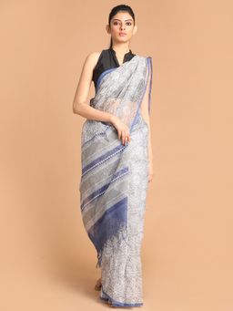 Indethnic - Grey Printed Super Net Saree with Unstitched Blouse