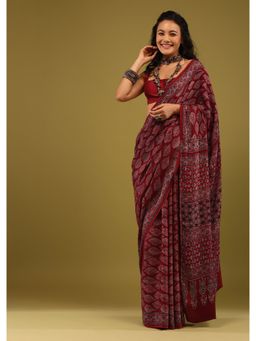 KALKI FASHION - Tibetan Red Saree In Satin with Unstitched Blouse