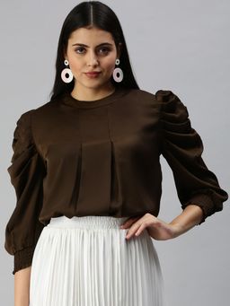 SHOWOFFFF - Women Crew Neck Puff Sleeves Solid Brown Top