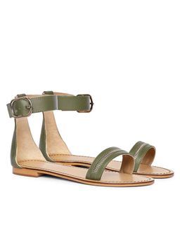 Saint G - Zip Decor Olive Leather Open Toe Flats
