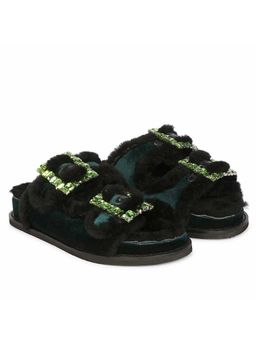 Saint G - Gemma Crystal Buckle Teal Fur Snug Sandals