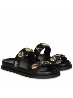 Saint G - Hallie Gold Seashell and Star Studs Leather Black Sandals
