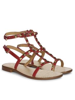 Saint G - Womens Genuine Red Leather Double Buckle Flat Sandals