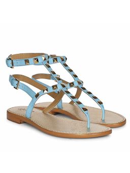 Saint G - Womens Sky Blue Genuine Leather Double Buckle Flat Sandals