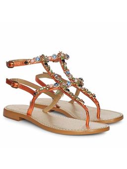 Saint G - Womens Orange Genuine Leather Double Buckle Flat Sandals