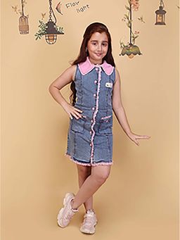 Cutecumber - Girls Blue Denim With Pink Lace Collar Sleeveless Dress
