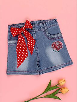 Cutecumber - Girls Blue Denim Dot Embellishment And Bow Belt Details Shorts