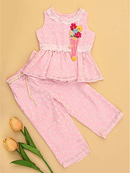 Cutecumber - Girls Pink Printed Georgette Floral Embroidery Sleeveless Co-Ord Set