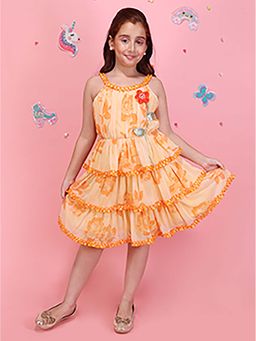 Cutecumber - Girls Orange Floral Printed Layered Ruffle Design Sleeveless Dress
