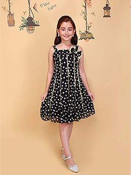 Cutecumber - Girls Black Shoulder Strap Sleeveless Georgette Knee Length Dress