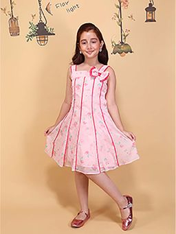 Cutecumber - Girls Pink Shoulder Strap Sleeveless Party Outfit Knee Length Dress