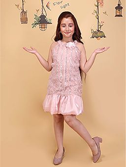 Cutecumber - Girls Coral Knee Length Shoulder Strap Sleeveless Sequin Dress