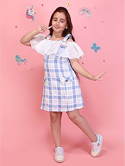 Cutecumber - Girls Blue White Checked Organza Frill Neck Party Dress