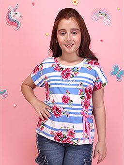 Cutecumber - Girls Blue Floral Striped Printed Round Neck Short Sleeves Top