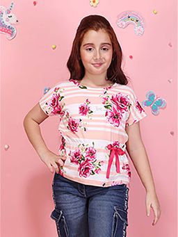 Cutecumber - Girls Peach Floral Striped Printed Round Neck Short Sleeves Top