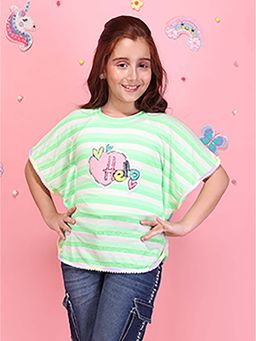 Cutecumber - Girls Greenpink Striped Round Neck Flared Sleeves Lace Detail Knit Top