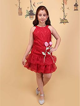 Cutecumber - Girls Red Lace Sleeveless Layered Frock Halter Neck Applique Dress