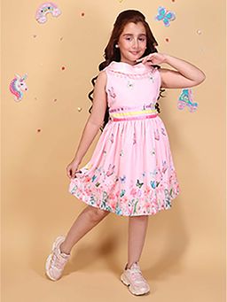 Cutecumber - Girls Pink Floral Butterfly Printed A-Line Sleeveless Cotton Dress