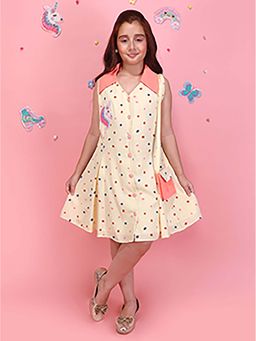 Cutecumber - Girls Yellow Polka Dot A-Line Sleeveless Collar Neck Dress