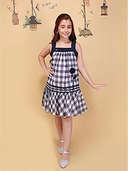 Cutecumber - Girls Navy Checked A-Line Sleeveless Cotton Square Neck Dress