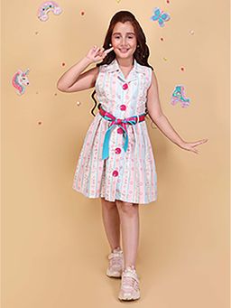 Cutecumber - Girls Multicolor Floral Striped Sleeveless Cotton Dress With Belt