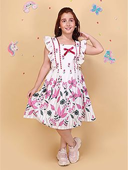 Cutecumber - Girls White Pink Floral Printed Dotton Partywear Dress