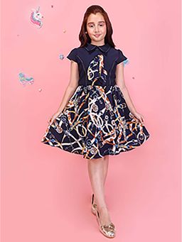 Cutecumber - Girls Navy Printed Peter Pan Collar Cotton Party, Birthday Dress