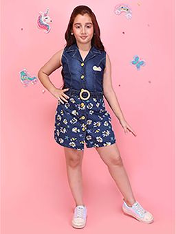 Cutecumber - Girls Blue Polka Dot Denim Sleeveless Notched Lapel Neck Dress With Belt