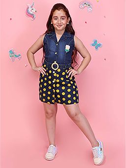 Cutecumber - Girls Blue Polka Dot Denim Sleeveless Notched Lapel Neck Dress With Belt