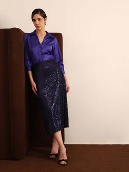 FableStreet - Satin Regular Fit Shirt and Sequined Midi Skirt