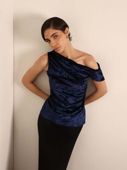 FableStreet - Navy Blue Velvet Slim Fit Top