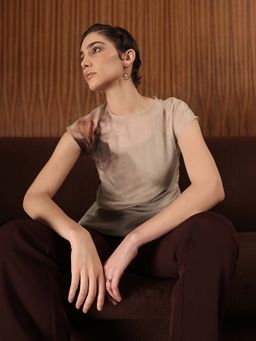 FableStreet - Grey Organza Round Neck Floral Printed Top with Inner