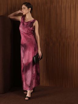FableStreet - Satin A-Line Sleeveless Cowl Neck Marble Print Pink Dress