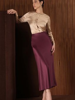FableStreet - Satin Midi Flared High Rise Solid Wine Skirt