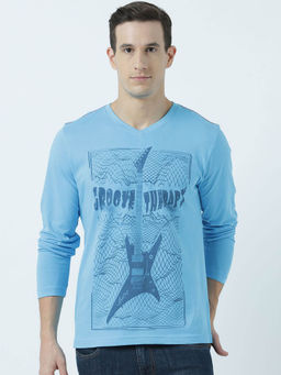 Huetrap - Mens Turquoise Full Sleeves V Neck T-shirt