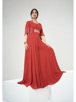 ONE KNOT ONE - Rust Embroidered Jumpsuit with Short Cape and Belt