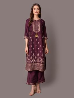 Shree - Women Poly Viscose Purple Ornamental Printed Kurta With Comfort Pant (Set Of 2)