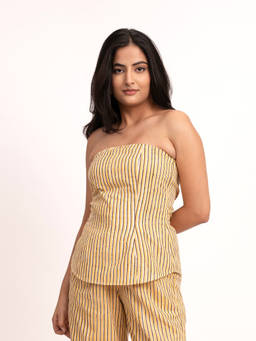 ODHANON - Yellow Cotton Strapless Fitted Top for Women