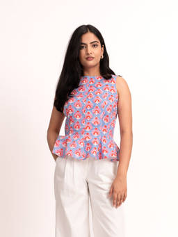 ODHANON - Blue Floral Hand Block Printed Top for Women