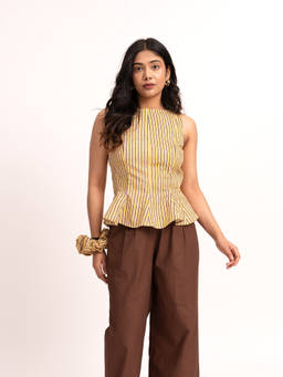 ODHANON - Yellow Cotton Striped Top for Women