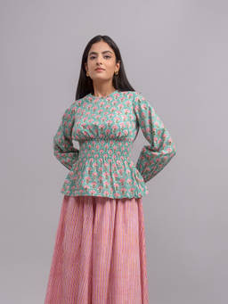 ODHANON - Teal Cotton Smocked Top for Women