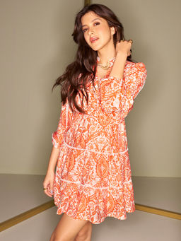 Madame - Tiered Lace Detailed Orange Mini Dress