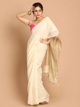 Indethnic - Banarasi Beige Solid Daily Wear Saree With Unstitched Blouse
