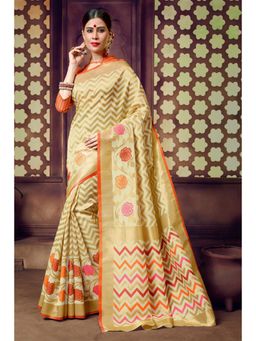 Sangam Prints - Beige Cotton Handloom Jacquard Work Traditional Saree with Unstitched Blouse