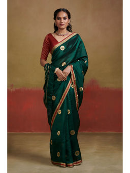 Dressfolk - Handwoven Dark Green Handloom Silk Saree with Gold and Red Metallic Border