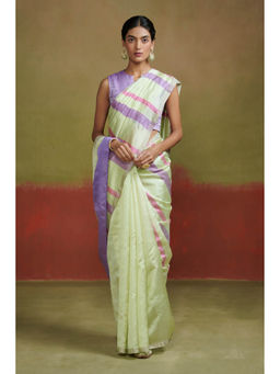 Dressfolk - Handwoven Pastel Green With Vibrant Pink and Lilac Stripes Handloom Silk Saree And Glass Bead Edge.