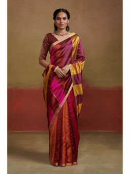Dressfolk - Handwoven Handloom Silk Saree In Orange Maroon and Pink with Zari Border and Glass Beads Detaling.