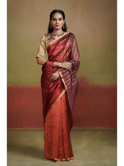 Dressfolk - Handwoven Gold and Maroon with Peacock Blue Palla Silk Saree and Glass Beads Edge.